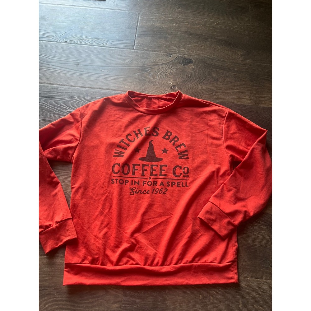 Witches Brew Coffee Co Graphic Sweatshirt Orange Red Halloween Pullover Small